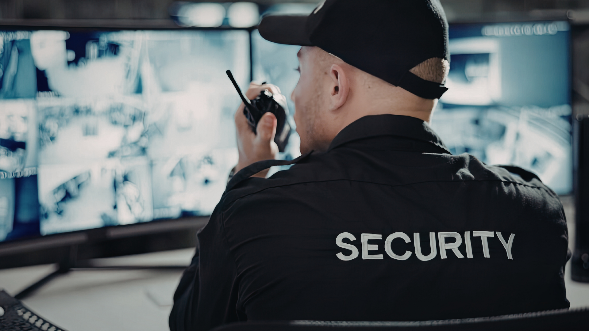 Security team monitoring construction site via CCTV